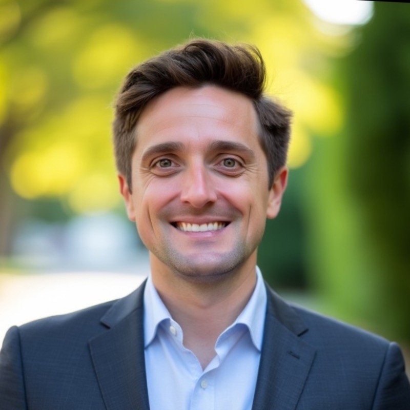 James Oliver, smiling, in a navy blazer and light blue shirt